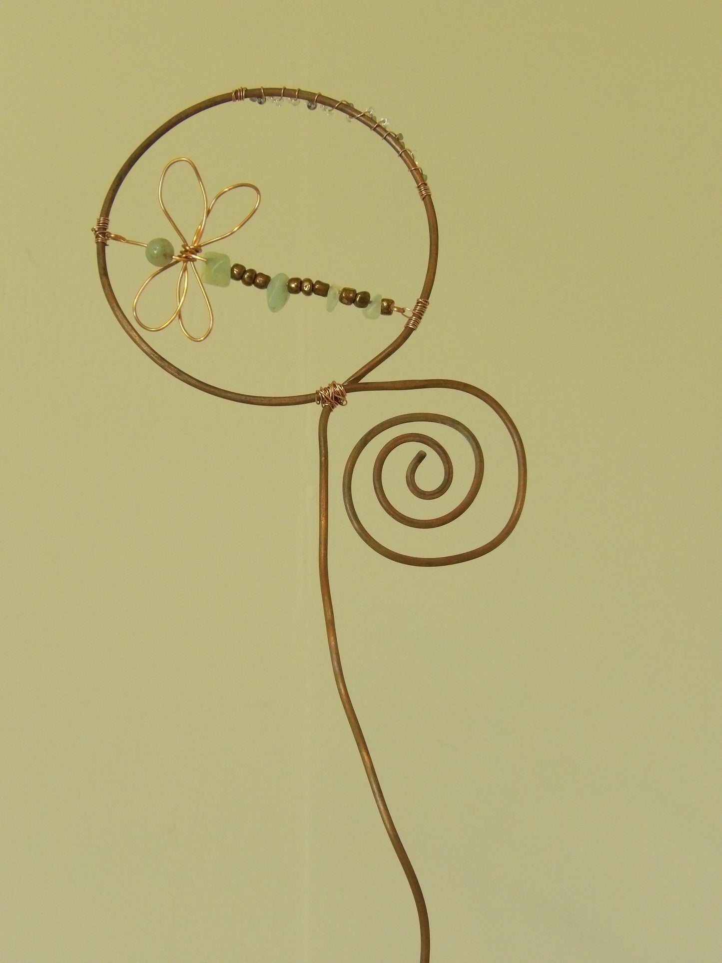 Handcrafted Copper Pink Stone Dragonfly Plant Stake Beaded Garden Decor