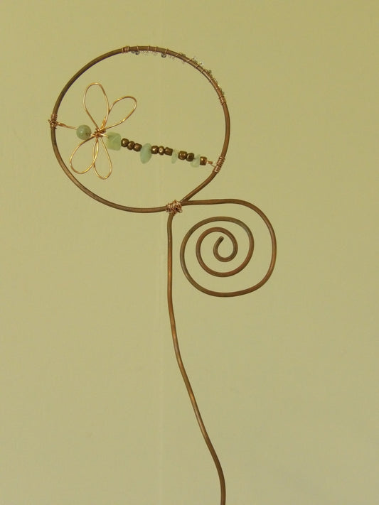 Handcrafted Copper Pink Stone Dragonfly Plant Stake Beaded Garden Decor