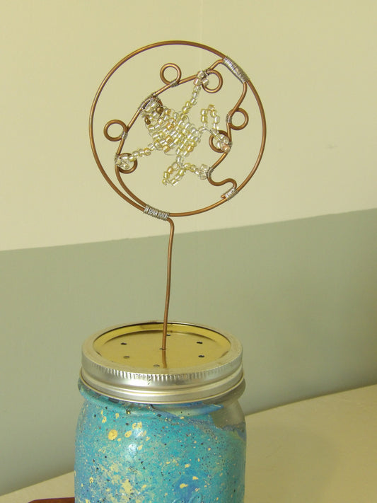 Handcrafted Copper Frog Plant Stake Beaded Garden Decor -2