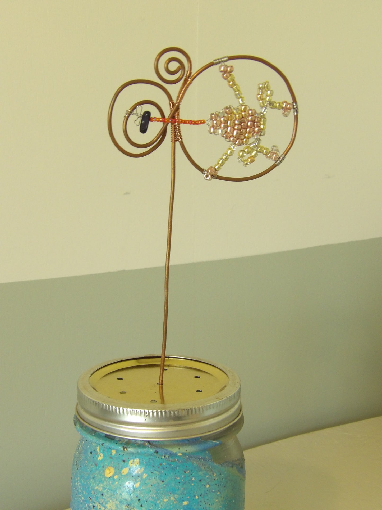 Handcrafted Copper Frog Plant Stake Beaded Garden Decor